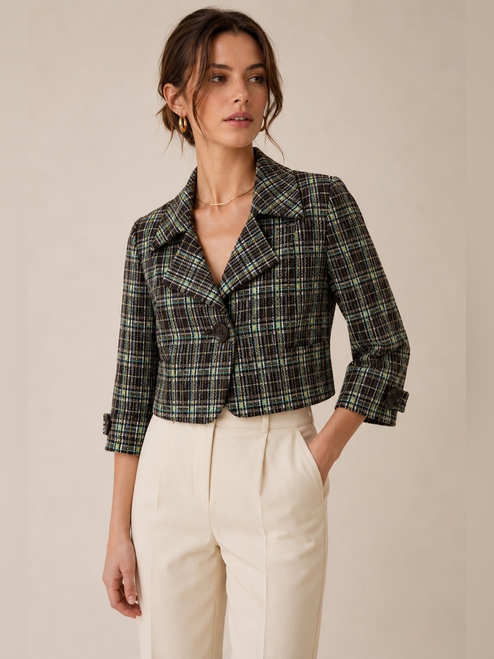 Vintage Ellen Tracy Silk Tweed Shrunken 3/4 Sleeve Plaid Blazer. Size Small